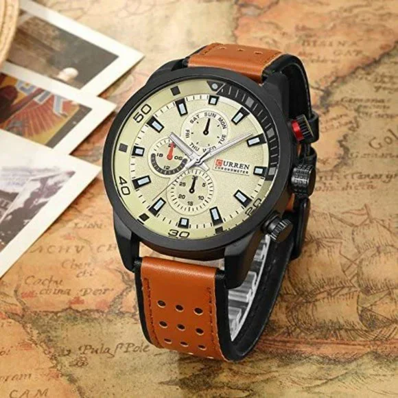 Pro master mens tan and yellow Quartz Dial Two Tone watch Curren sport design